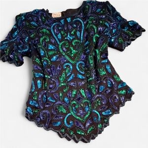 Vintage Sténay Sequined Silk Evening Top, Size L (Modern M/L)